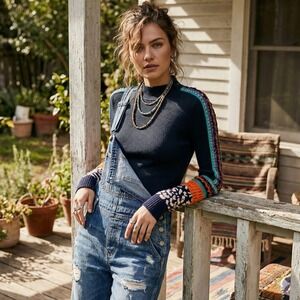 Free People Switch It Up Thermal Top Womens XS Black Mock Neck Crochet Sleeve